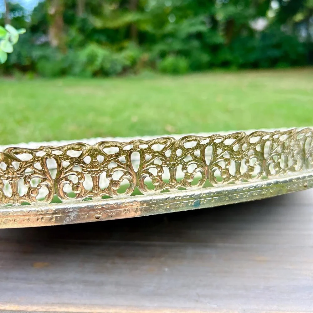 Vintage Oval Gold Filigree Vanity Mirror Tray
